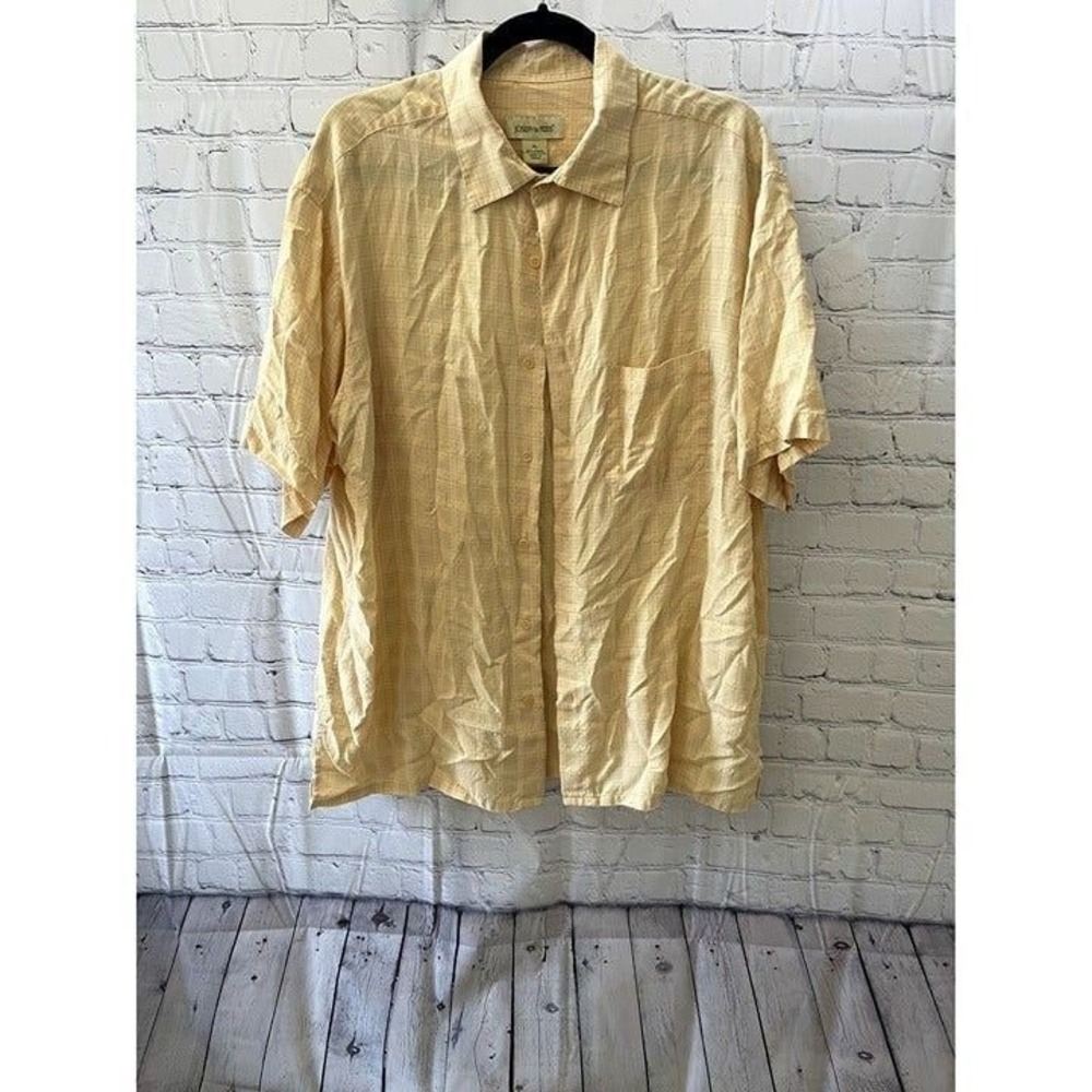 Joseph & Feiss  XL Yellow Textured Grid Modal Blend Short Sleeve Button Shirt